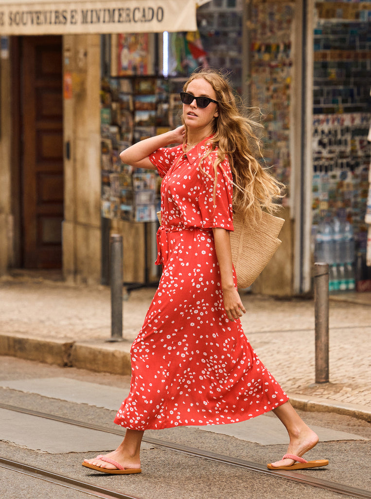 Vestido Roxy Island Scape Poppy Red Dancing Ditsy