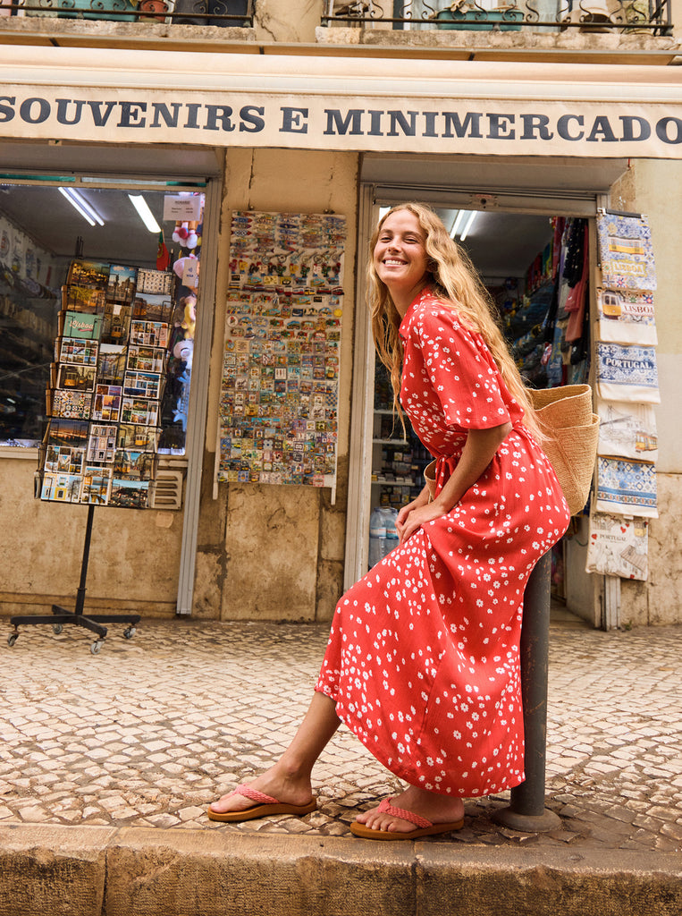 Vestido Roxy Island Scape Poppy Red Dancing Ditsy